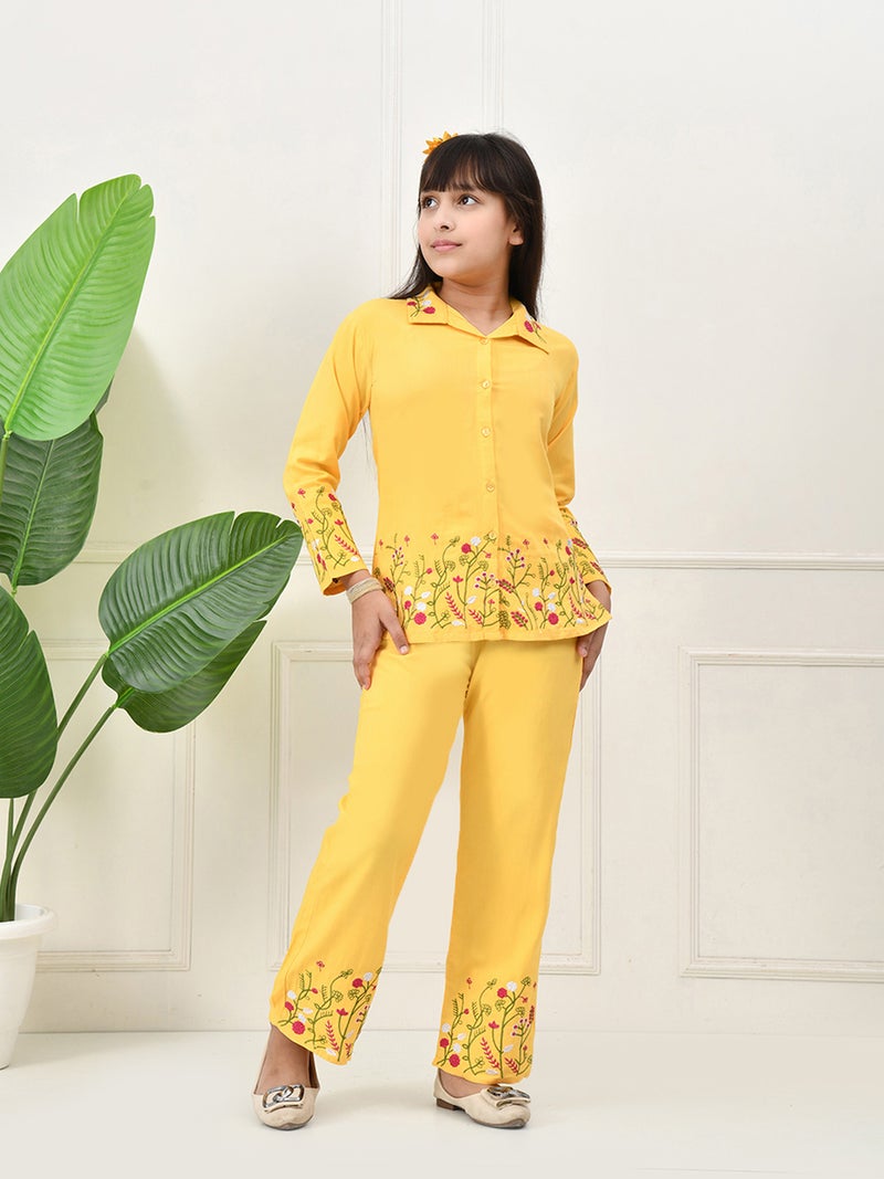 Cotton Woven Floral Embroidered Top & Pant Set - Yellow for Girls